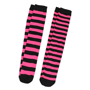 Detailed view of pink and black striped over-the-knee socks made of soft knit cotton blend
