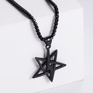 Minimalist black stainless steel pentagram and lightning bolt pendant with bead chain