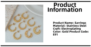 Detailed view of assorted textured C-shaped stainless steel gold plated hoop earrings