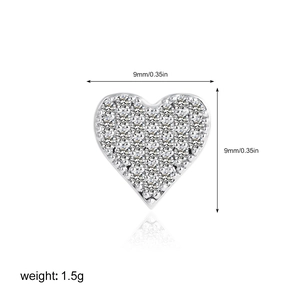Detailed view of silver heart stud earrings with cubic zirconia and dimension labels