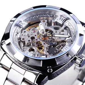 Forsining hollow automatic mechanical watch with silver stainless steel strap and roman numerals