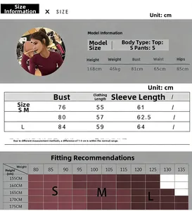 Detailed size chart for long sleeve yoga top with model data and measurement guide