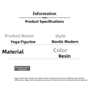Detailed specification chart for modern resin yoga girl figurines with dimensions and colors