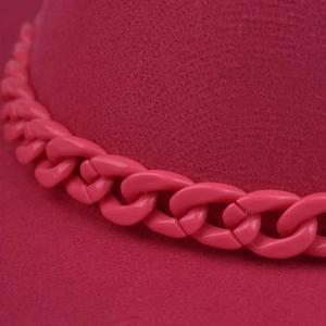 Rose red wool felt boater hat featuring a stylish oversized chain link decoration