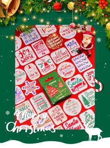 Macro shot of various Christmas theme stickers with green gift box on festive red background