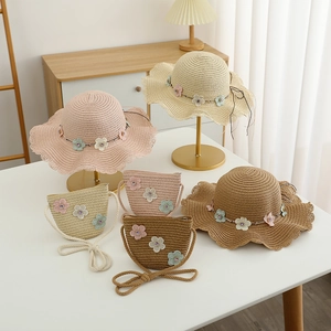 Ensemble chapeau de paille et sac avec fleurs pour filles protection solaire en trois couleurs
