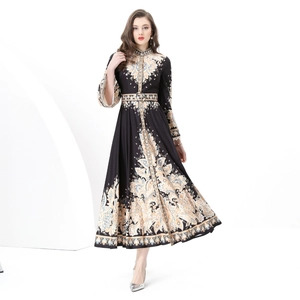 Vintage court-style paisley print maxi dress with stand collar and button-up waist belt