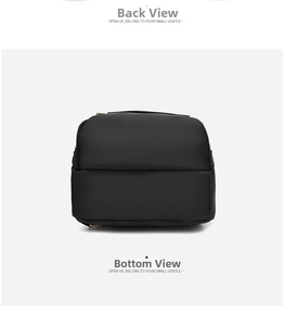 Detail view of the black waterproof nylon backpack showing reinforced back and bottom stitching