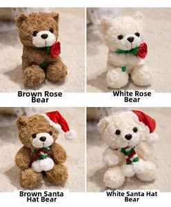 Cute teddy bears in rose and Christmas styles with soft textured brown and white fur