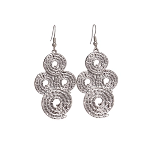 Silver hammered spiral geometric drop earrings for women with a textured metallic finish