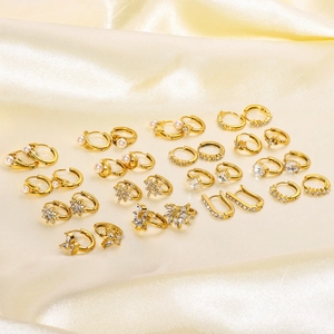 18K gold plated stainless steel hoop earring set with pearls and zircon star flowers