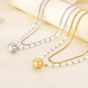 Double Layer Stainless Steel Necklace For Women Imitation Artificial Pearl Splicing Layered Chain With Metal Ball Pendant Minimalist