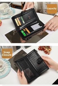 Detailed view of women's long wallet featuring multiple card slots and snap closure