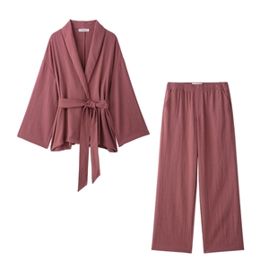 Women Kimono Tie Up Jacket And Wide Leg Pants Polyester Linen Textured Streetwear Casual Dusty Rose