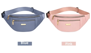 Detail view of pink and blue waterproof waist bags with adjustable straps and zippers
