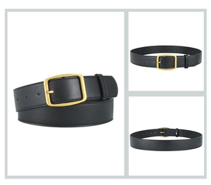 Detail view of black PU leather belt featuring a classic golden square pin buckle closure