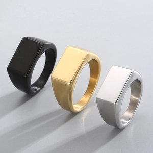Minimalist rectangular signet rings in black, gold, and silver stainless steel finishes