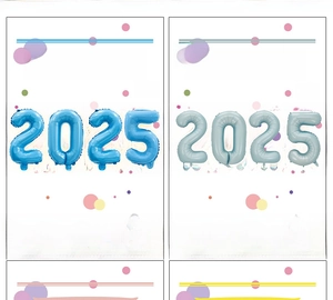 Vue détaillée de l'emballage des ballons du Nouvel An 2025 en bleu et argent, 16 et 32 pouces