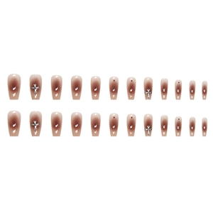 Brown gradient mid-length coffin press-on nails with silver chrome heart cross charms