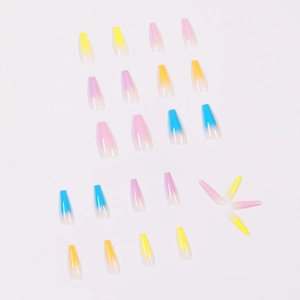 Rainbow gradient coffin press-on nails set with vibrant yellow pink and blue hues