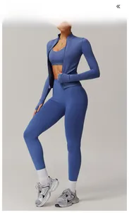 Three-piece yoga set in glazed purple with a zipper jacket, sports bra and high-waist leggings