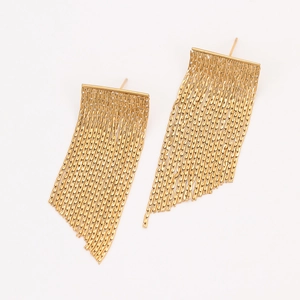 Detailed view of golden stainless steel tassel earrings with long asymmetric metal chains