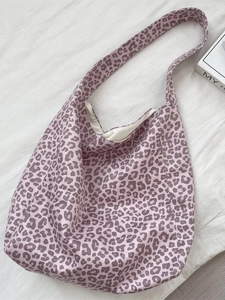 Pink leopard print suede tote bag with large capacity and wide shoulder strap