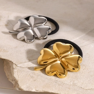 Women Stainless Steel Four-Leaf Clover Hair Tie Elastic Hair Band High Polish Gold Silver Metal Scrunchie Hair Accessory