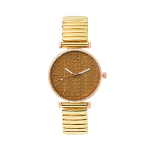 Women's gold quartz watch with round embossed dial and elastic metal stretch band