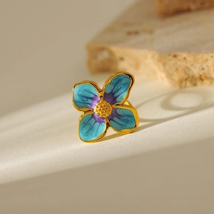 Stainless Steel Flower Ring Blue Purple Enamel Gold Plated Adjustable Open Ring Fashion Commuting Jewelry For Women Daily Gift