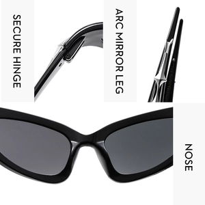 Detail view of reinforced hinges, curved legs and nose pads on black cat-eye sunglasses