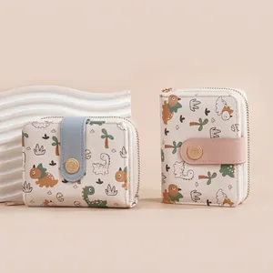 Cute Cartoon Dinosaur Print Short Wallet PU Leather Compact Zipper Snap Button Purse With Card Slots For Women Girls