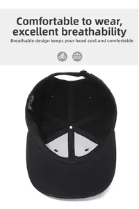 Detailed view of the 100% cotton inner band and breathable vents on black baseball cap