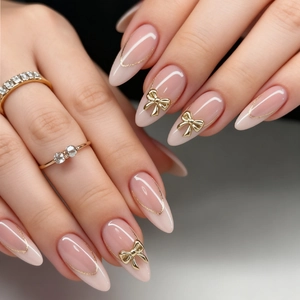 Press On Nails Almond Shape French Gold Edge With 3D Golden Bow Knot Elegant Sweet Manicure For Women And Girls