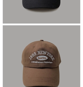 Detailed close-up of retro 1989 embroidery on cotton baseball caps in brown and black