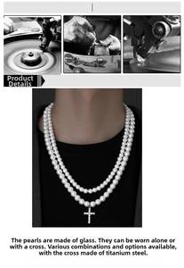 Detail of double-layer glass pearl necklace with detachable titanium steel cross pendant
