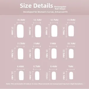 Size chart detail for press on nails showing 12 sizes and 24 pieces in millimeter measurements