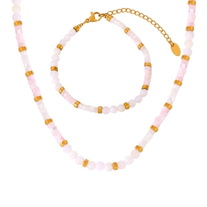 Elegant beaded jewelry set with pink shell-like beads and gold titanium steel accents
