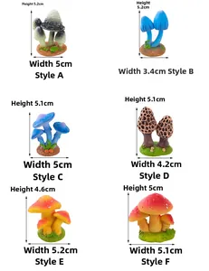 Set of six colorful miniature resin mushroom figurines for moss micro landscapes