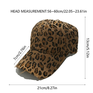 Detailed view of leopard print baseball cap with distressed edges and size measurements