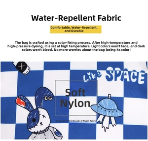 Detail of water-resistant blue checkered fabric featuring cartoon rabbit and UFO print