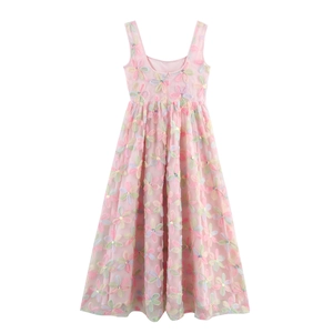 Sweet pink tulle dress with 3D colorful floral embroidery and high waist design