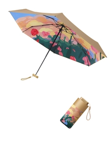 Detail of compact umbrella with khaki exterior and artistic oil painting interior lining
