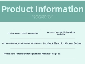 Detailed specifications for dark green watch storage box showing size and usage options