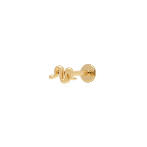 Close-up of golden curved snake labret stud made of polished S925 sterling silver