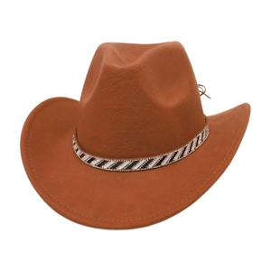Western Cowboy Hat For Women Men Felt Wide Brim Fedora With Striped Rhinestone Band Retro Style