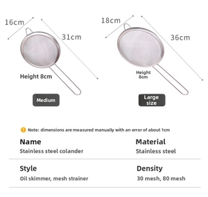 Detailed size specifications for 16cm and 18cm stainless steel fine mesh kitchen strainers