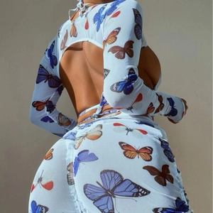 Sexy butterfly print 4-piece bikini set with long sleeve tie-back top and matching bottom