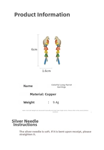 Detailed size chart for colorful long parrot earrings showing 6cm length and copper material