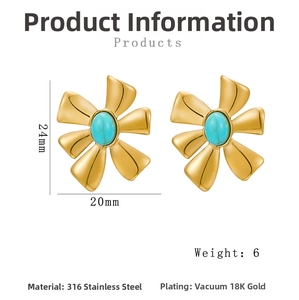 Detailed view showing dimensions 24mm by 20mm for gold flower earrings with turquoise stone
